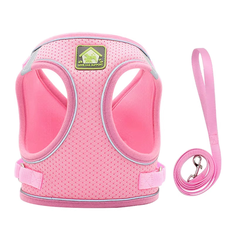 Reflective Puppy Cat Harness Vest with Walking Lead Leash Adjustable Kitten Collar Polyester Mesh Harness for Small Medium Dogs