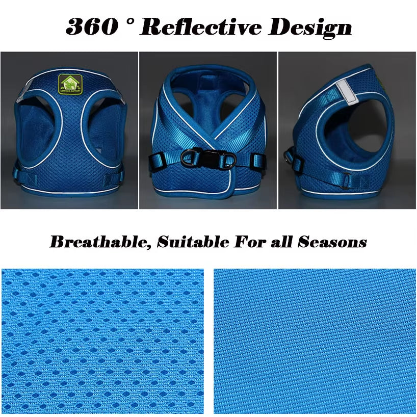 Reflective Puppy Cat Harness Vest with Walking Lead Leash Adjustable Kitten Collar Polyester Mesh Harness for Small Medium Dogs