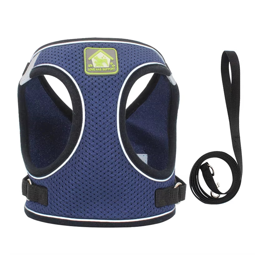 Reflective Puppy Cat Harness Vest with Walking Lead Leash Adjustable Kitten Collar Polyester Mesh Harness for Small Medium Dogs