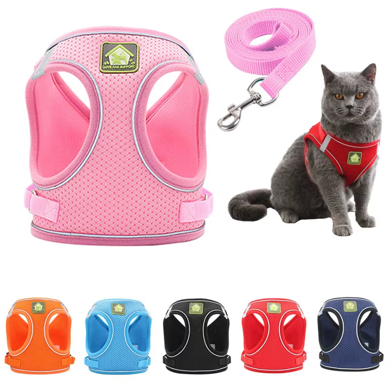 Reflective Puppy Cat Harness Vest with Walking Lead Leash Adjustable Kitten Collar Polyester Mesh Harness for Small Medium Dogs