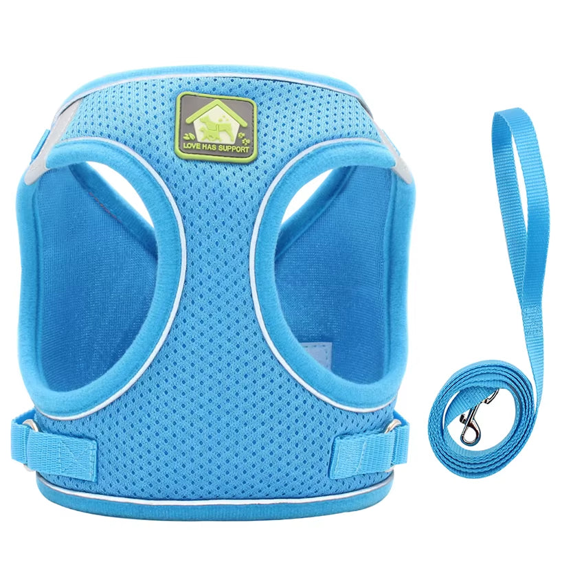 Reflective Puppy Cat Harness Vest with Walking Lead Leash Adjustable Kitten Collar Polyester Mesh Harness for Small Medium Dogs