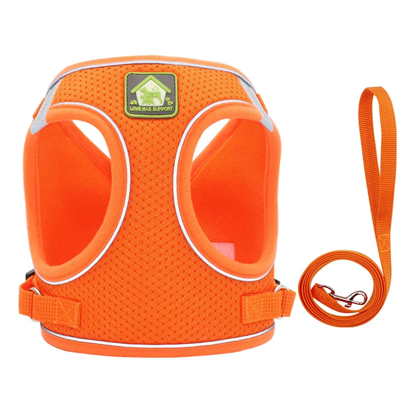 Reflective Puppy Cat Harness Vest with Walking Lead Leash Adjustable Kitten Collar Polyester Mesh Harness for Small Medium Dogs